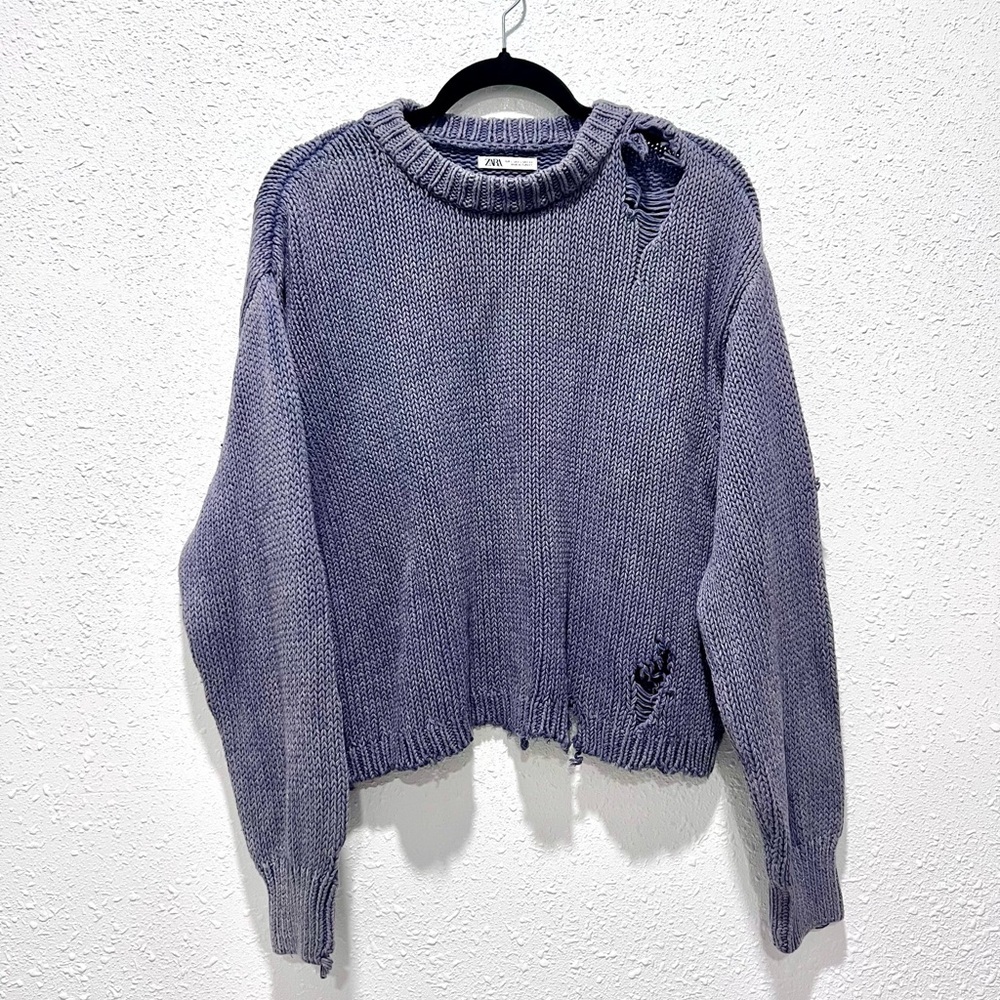 Zara Purple‎ Distressed Knit Sweater L